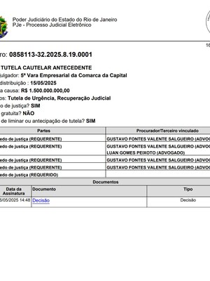 Número: 0858113-32.2025.8.19.0001 - Linha Amarela SA Recuperação Judicial