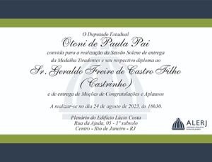 Deputado Estadual Otoni de Paula Pai realizará sessão solene em homenagem ao Sr. Geraldo Freire de Castro Filho 
