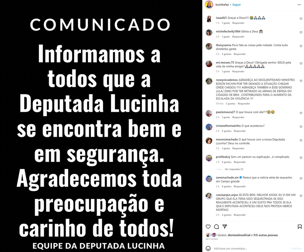 Deputada Lucinha se encontra bem e em segurança, depois de seu sequestro no sitio no dia que ia comemorar seu aniversário