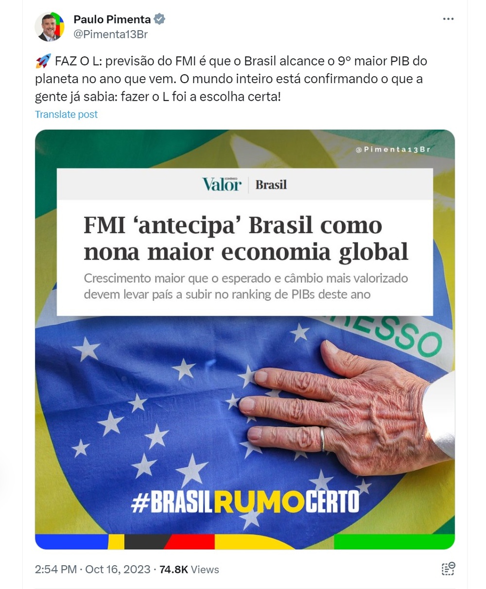 'O mundo inteiro confirma o que já sabíamos', diz Pimenta sobre FMI prever Brasil como 9º PIB mundial