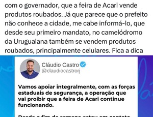 Governador coloca a PM para ajudar Paes e Otoni de Paula informa ao Prefeito que na 'Uruguaiana também se vende produtos roubados, principalmente Celulares' 