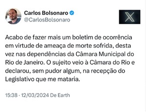 Carlos Bolsonaro é ameaçado de morte na Câmara Municipal do Rio