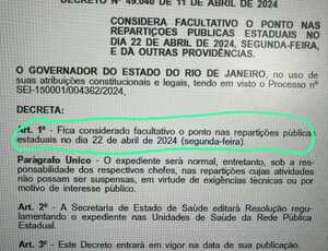 Estado do Rio decreta ponto facultativo para o dia 22 de abril, véspera do dia de São Jorge