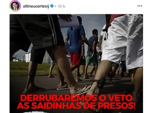  Altineu Côrtes promete mobilizar o Partido Liberal para derrubar veto presidencial sobre as 'saidinhas'de presos