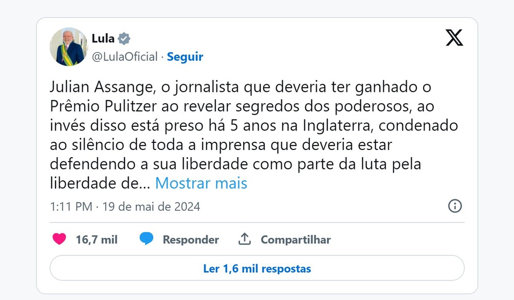 Às vésperas de possível extradição, Lula pede liberdade de Assange