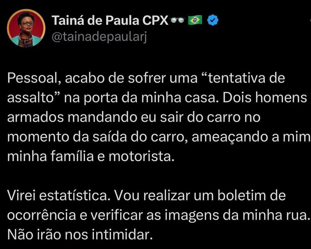 ‘VIREI ESTATÍSTICA’: Vereadora Tainá de Paula relata tentativa de assalto na Tijuca