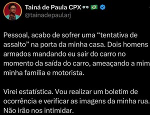 ‘VIREI ESTATÍSTICA’: Vereadora Tainá de Paula relata tentativa de assalto na Tijuca