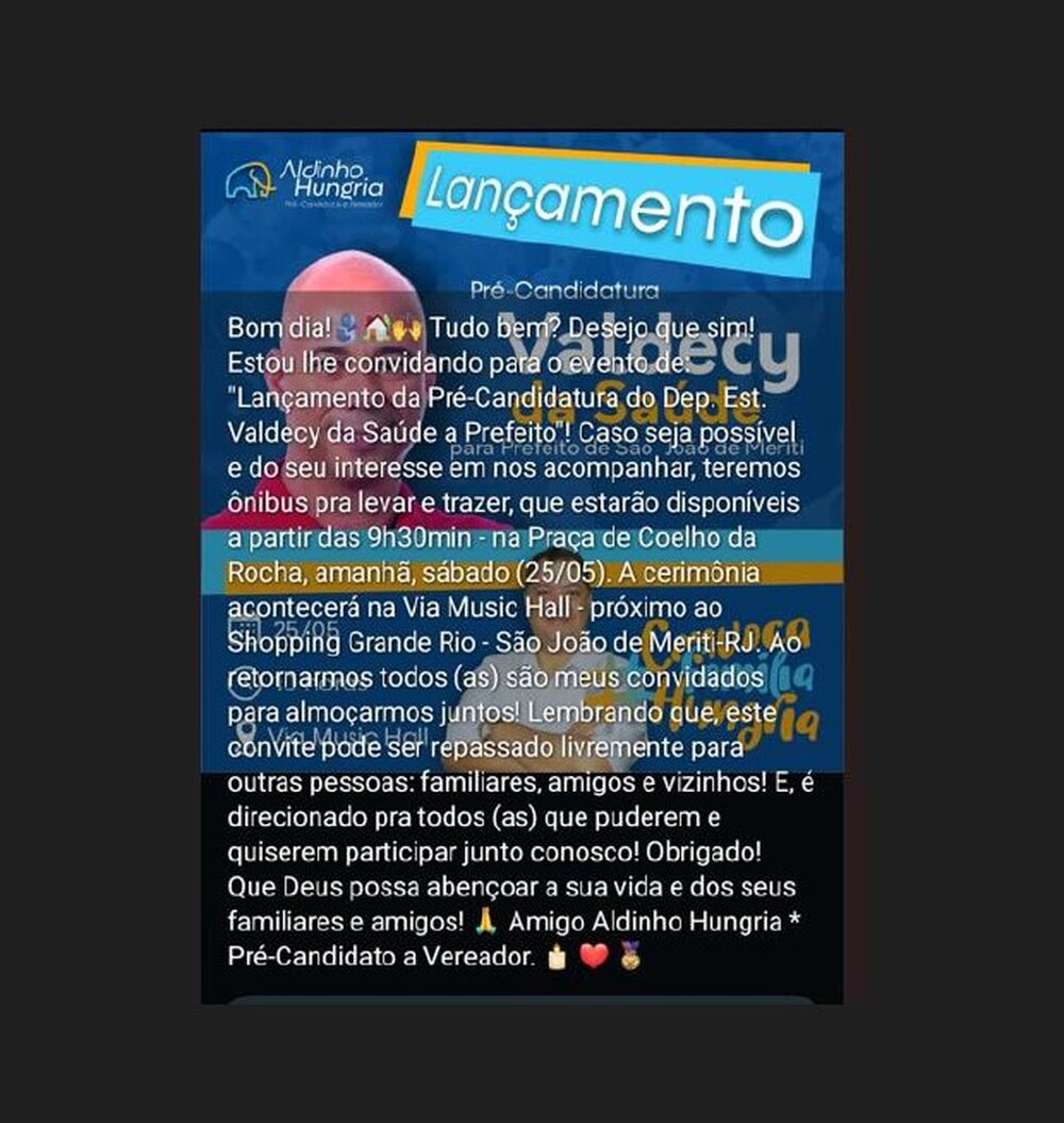 Pré-candidato a Vereador puxa-saco, oferece ônibus e almoço e coloca Valdecy da Saúde na berlinda. MP pede suspensão de festa em Meriti