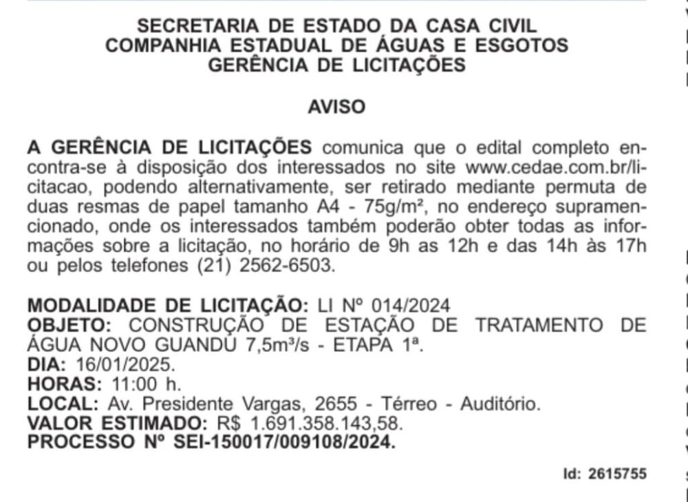 Cedae Lança Licitação de R$ 1,69 Bi e promete transformar Abastecimento no Rio