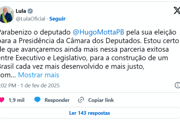 Lula parabeniza Hugo Motta eleito presidente da Câmara dos Deputados