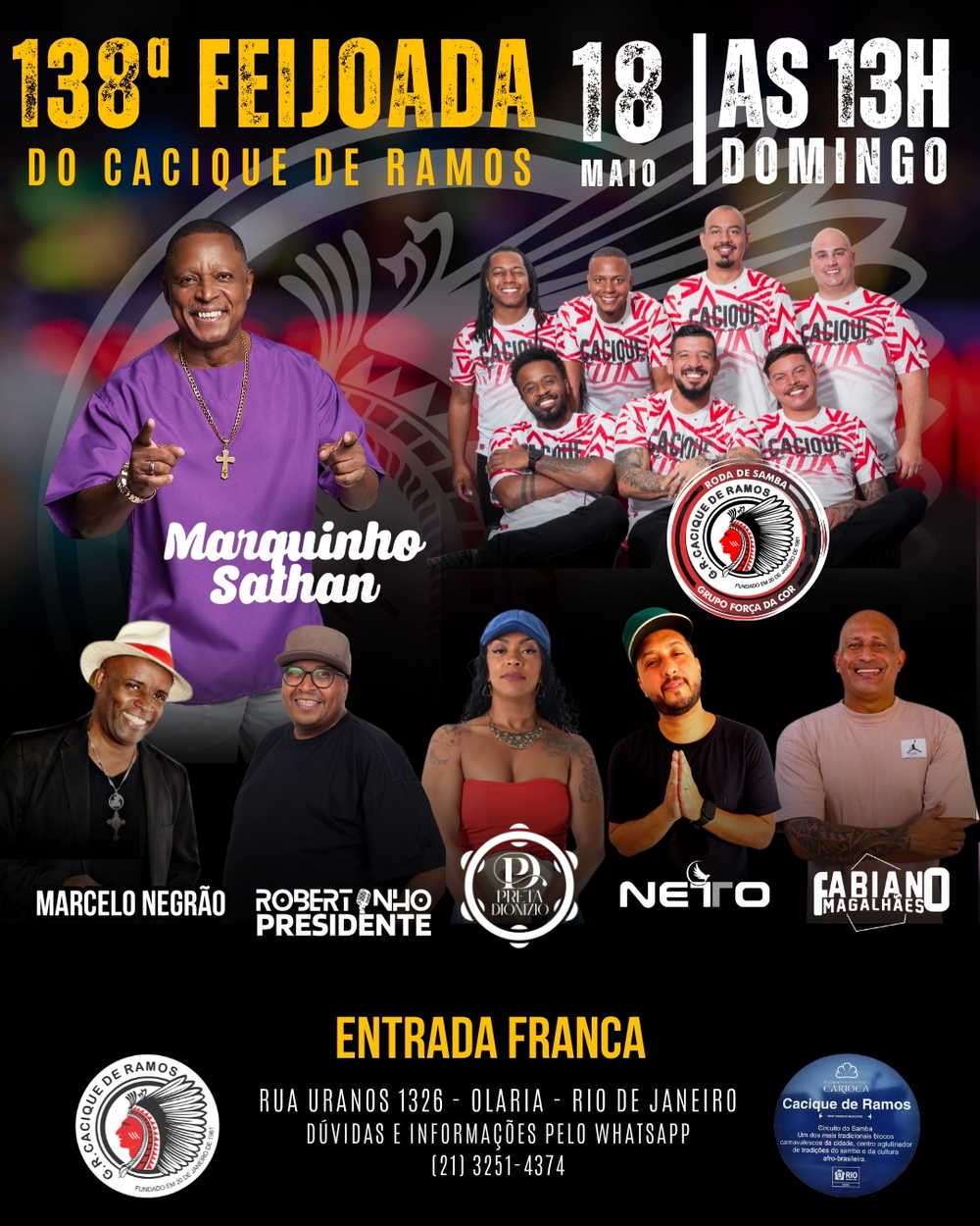 Marquinhos Sathan, Marcelo Negrão e Força da Cor confirmados na 138ª Feijoada do Cacique de Ramos