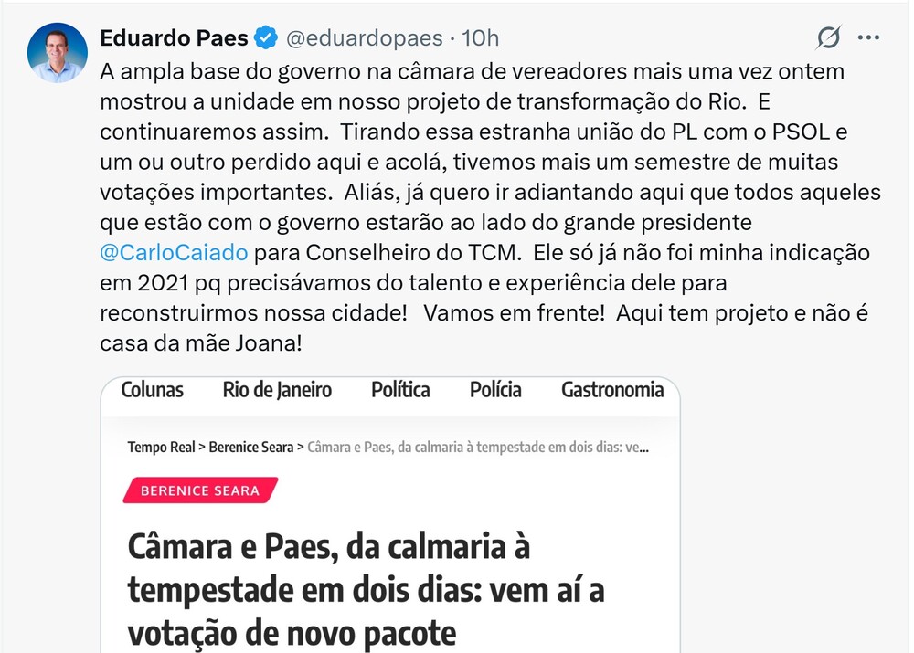 Paes confirma 'mimo': Caiado vai ganhar cargo vitalício com salário de ministro do STF após 'PASSAR PANO' para o 'NERVOSINHO' por anos e aprovar a chamada 'Milícia Municipal' 