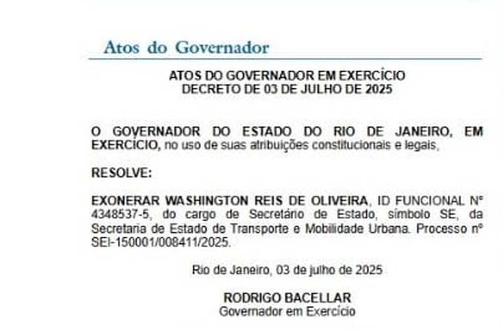 AGORA FOI: Bacellar exonera Washington Reis durante licença de Castro
