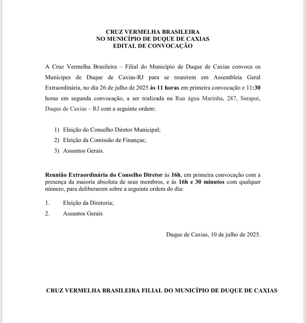 Edital dia 26 de julho de 2025 às 11 horas Cruz Vermelha Brasileira de Duque de Caxias - RJ