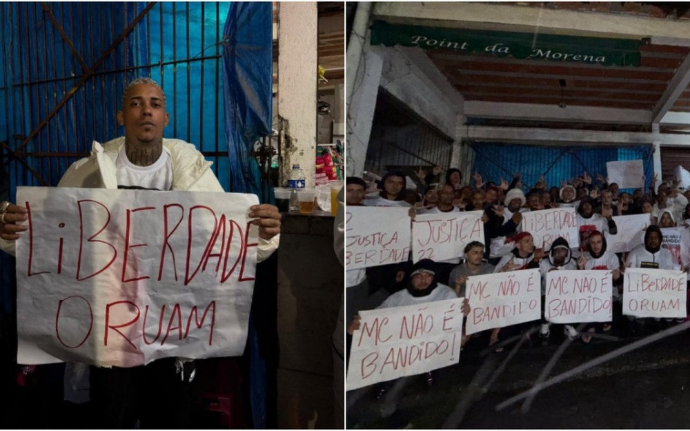 MC Poze protesta em frente a Bangu 3 pela liberdade de Oruam, preso por tráfico e outros crimes