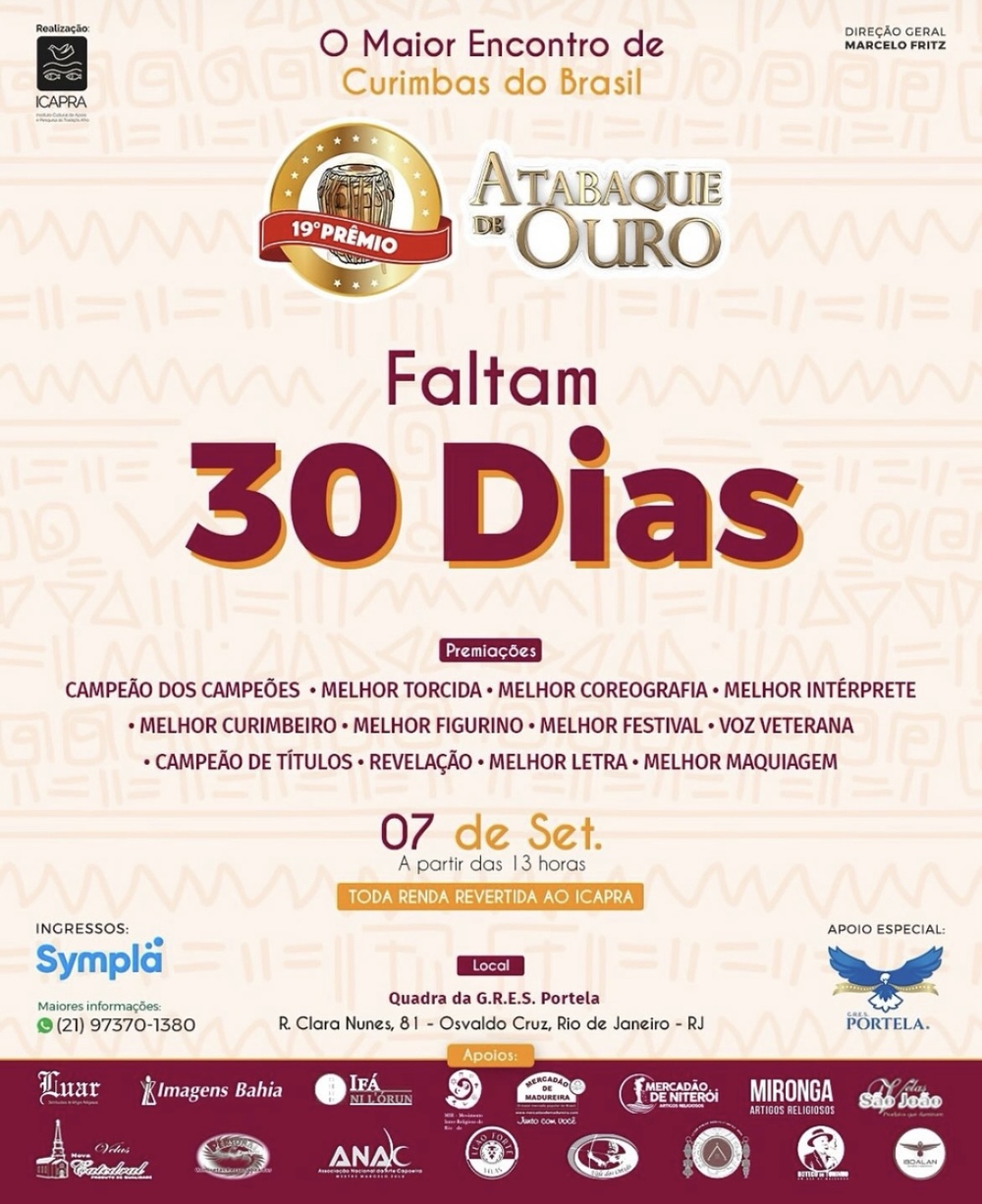Contagem regressiva para o 19º Prêmio Atabaque de Ouro: faltam 30 dias para o maior encontro de curimbas do Brasil