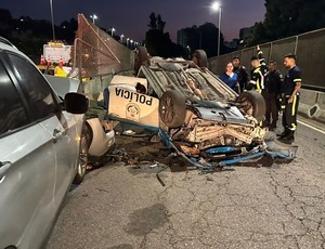 Viatura da PM é destruída na Linha Amarela depois de ser atingida por BMW de Policial Civil com CNH vencida há 7 anos