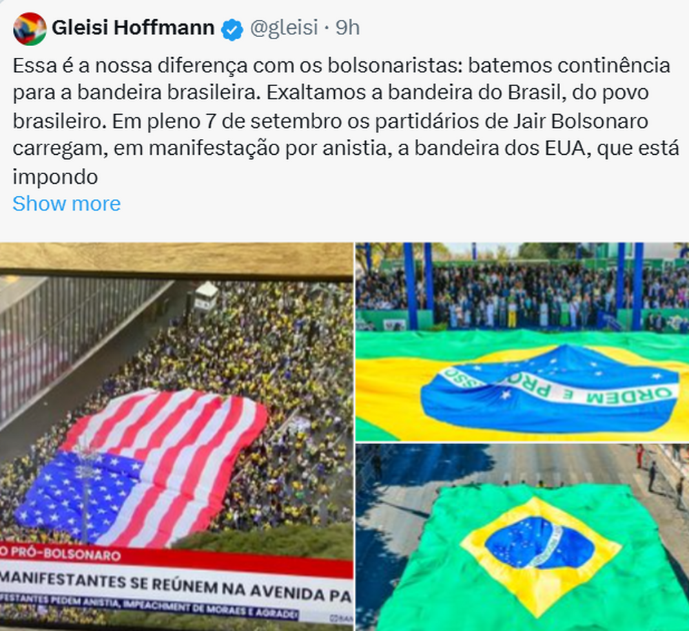 Gleisi Hoffmann critica bolsonaristas por exibirem bandeira americana em ato de 7 de setembro