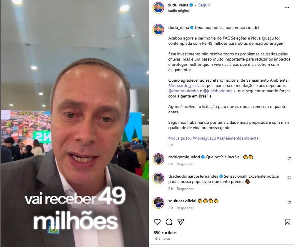 Governo Lula vai liberar R$ 49 nilhões para obras de macrodrenagem em Nova Iguaçu, informa Dudu Reina