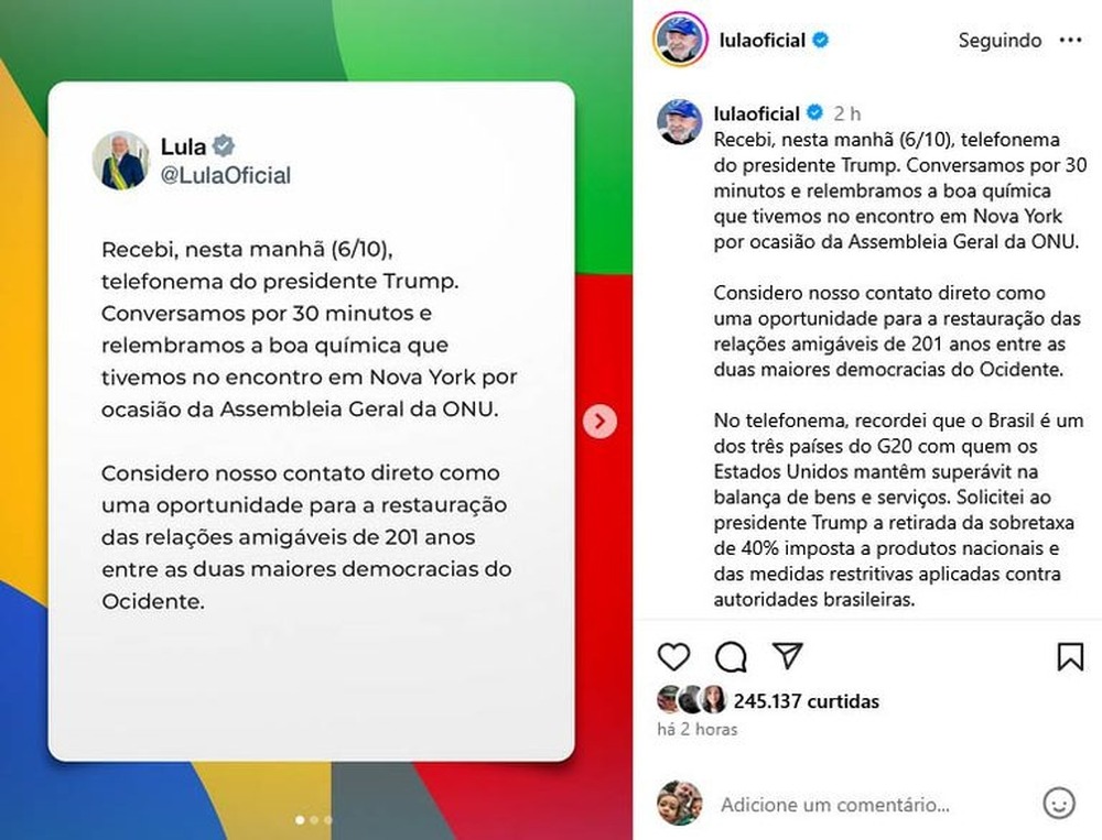 Lula recebe telefonema de Trump, pede fim de tarifaço e negociações são reabertas