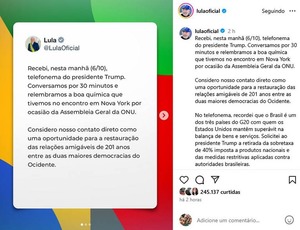 Lula recebe telefonema de Trump, pede fim de tarifaço e negociações são reabertas