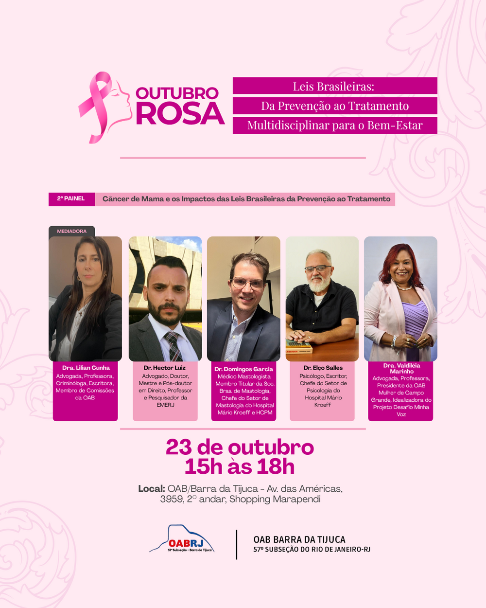 57ª Subseção: OAB Barra da Tijuca promove evento sobre Outubro Rosa e direitos das mulheres