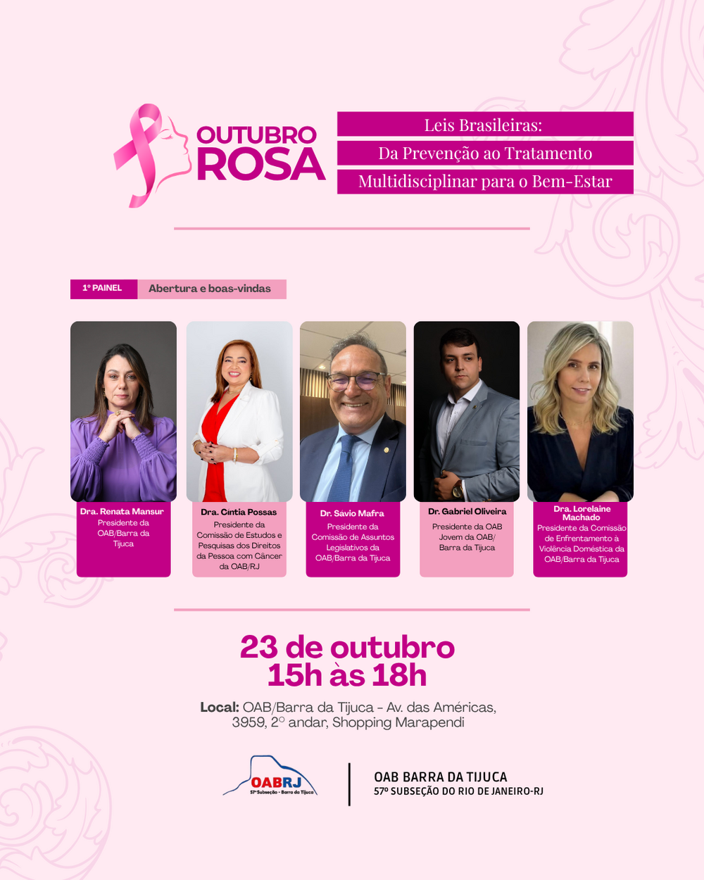 OAB Barra da Tijuca realiza evento do Outubro Rosa com foco em leis, prevenção e bem-estar
