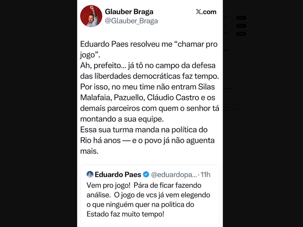 Eduardo Paes e Glauber Braga antecipam debate eleitoral em embate nas redes