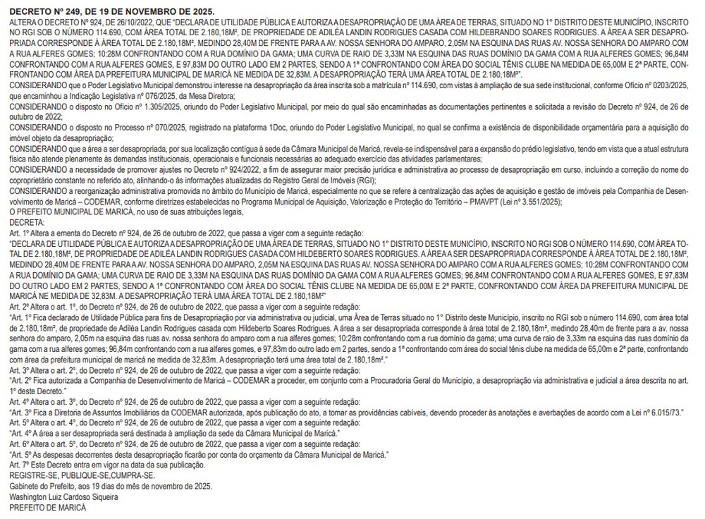 Washington Quaquá autoriza ampliação da Câmara Municipal com desapropriação de 2.180 m²