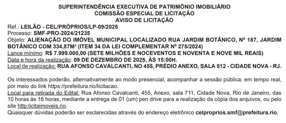 MODA DO LEILÃO DE BEM PÚBLICO PARA FAZER CAIXA EM 2026, PEGOU: Paes coloca Terreno no Jardim Botânico em leilão por R$ 8 milhões em dezembro