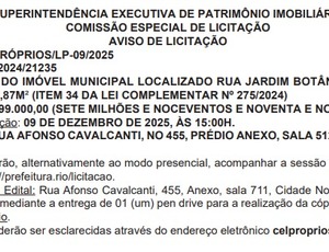 MODA DO LEILÃO DE BEM PÚBLICO PARA FAZER CAIXA EM 2026, PEGOU: Paes coloca Terreno no Jardim Botânico em leilão por R$ 8 milhões em dezembro