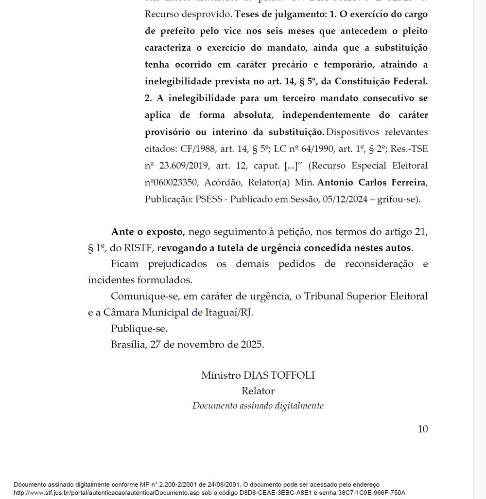 Ministro Toffoli cassa própria decisão e afasta Dr. Rubão da prefeitura de Itaguaí