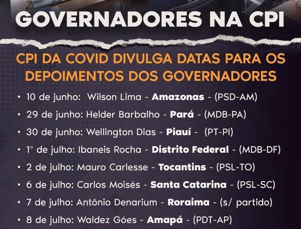 Aras envia lista de investigações contra governadores e CPI convoca 9 governadores
