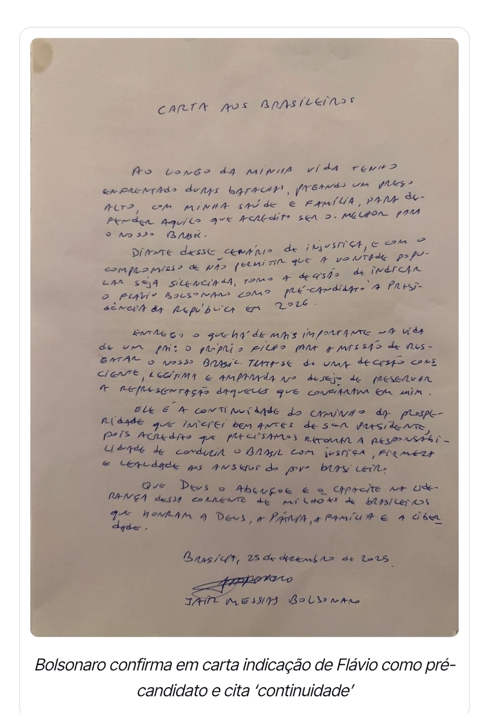 Para felicidade da esquerda, Bolsonaro confirma em carta indicação de Flávio como pré-candidato e cita ‘continuidade’