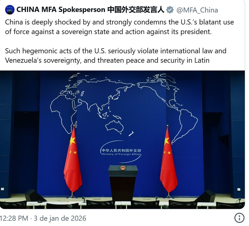 China repudia ataque dos EUA à Venezuela e diz que ação viola direito internacional