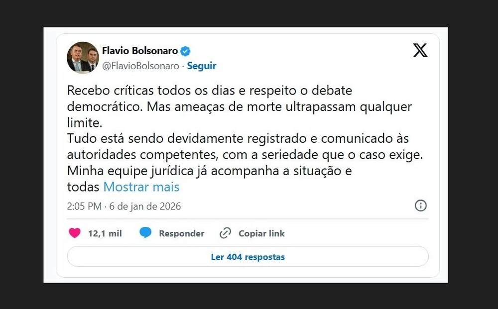 Flávio Bolsonaro denuncia ameaças de morte em meio à pré-candidatura presidencial