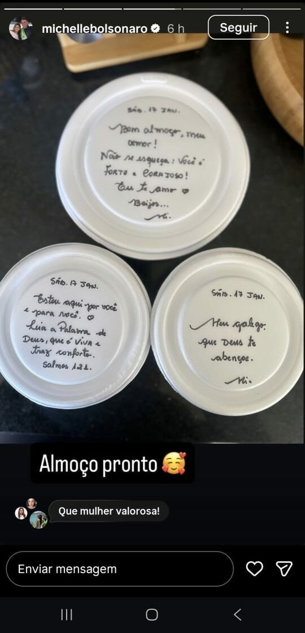 Michelle escreve em marmitas para Bolsonaro: 'Leia a Palavra'