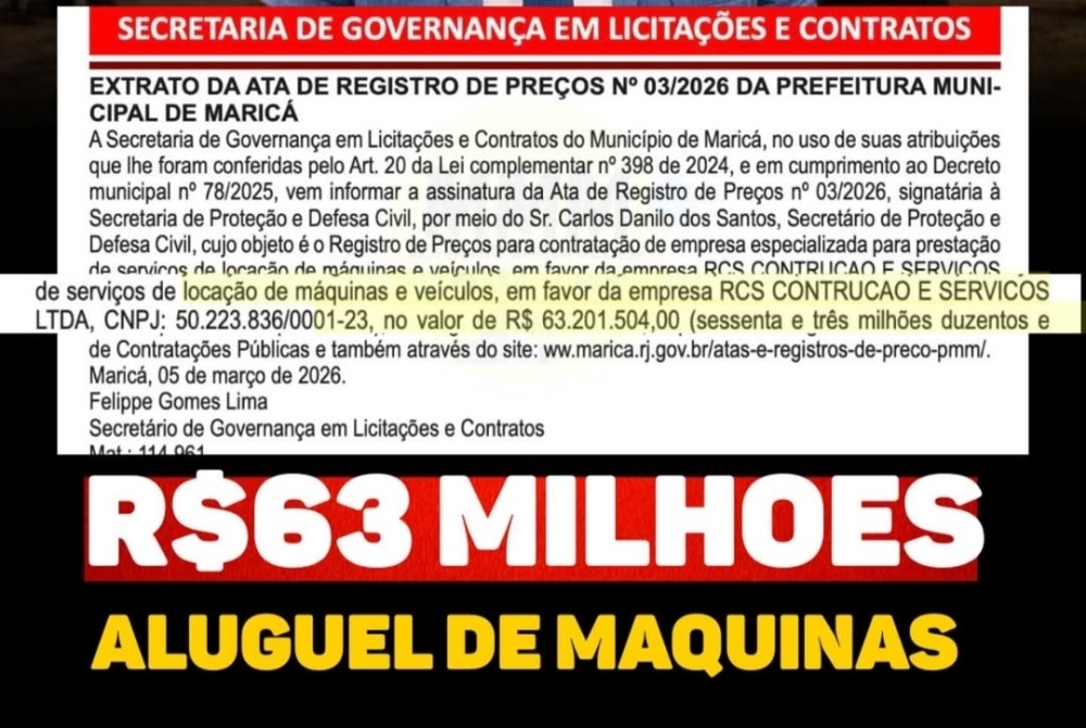 Maricá assina Ata de registro de preços no valor de R$ 63,2 milhões para aluguel de máquinas para Defesa Civil