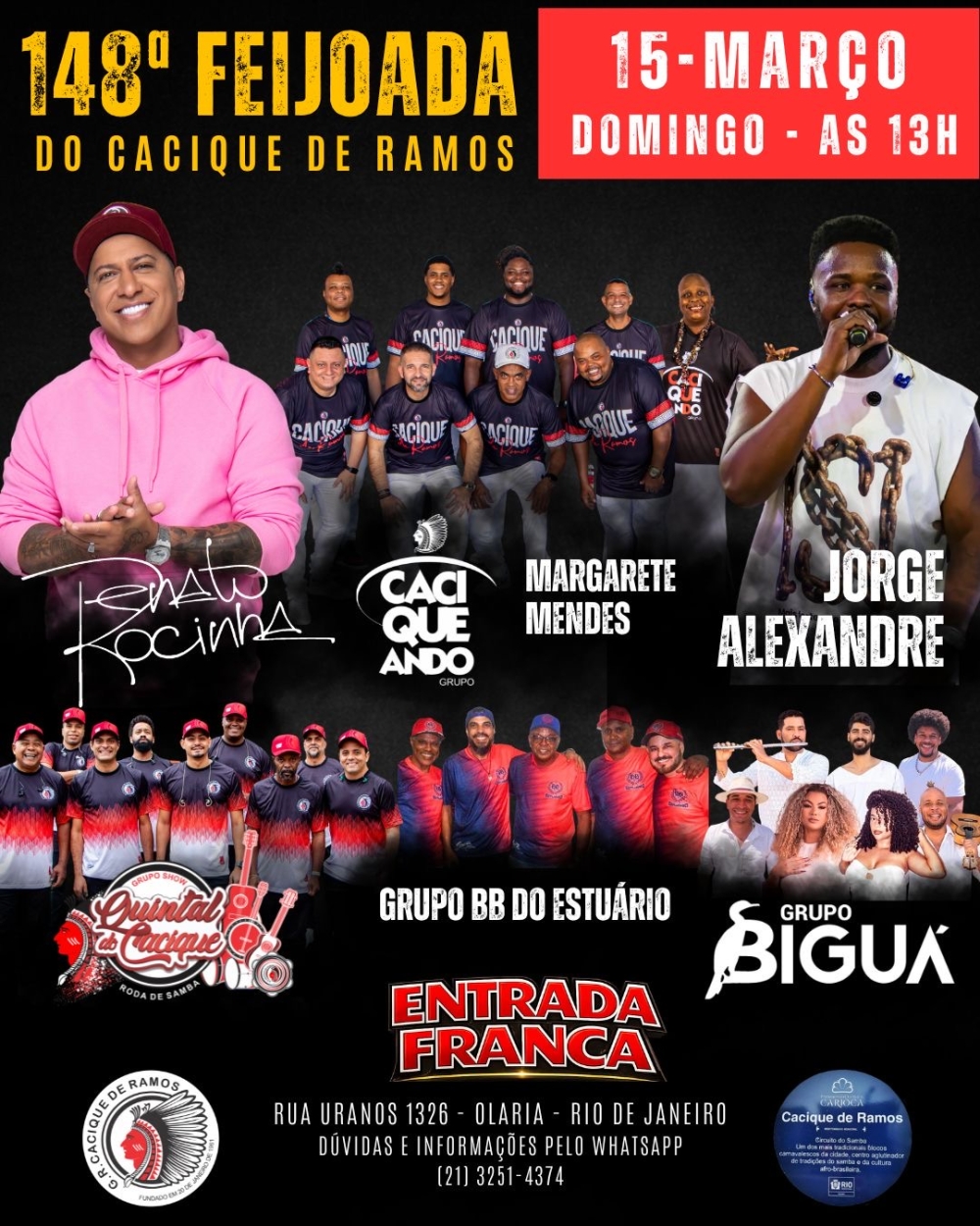 Cacique de Ramos realiza 148ª Feijoada neste domingo (15) com participação de Renato da Rocinha.