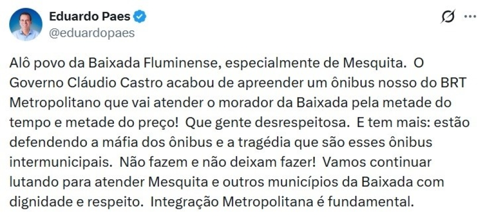 Paes vs Castro: Guerra do transporte deixa Baixada sem linha de BRT