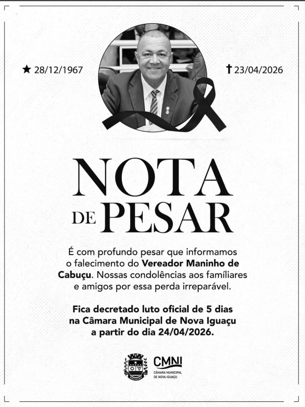 Vereador Maninho de Cabuçu é assassinado em Nova Iguaçu após atentado