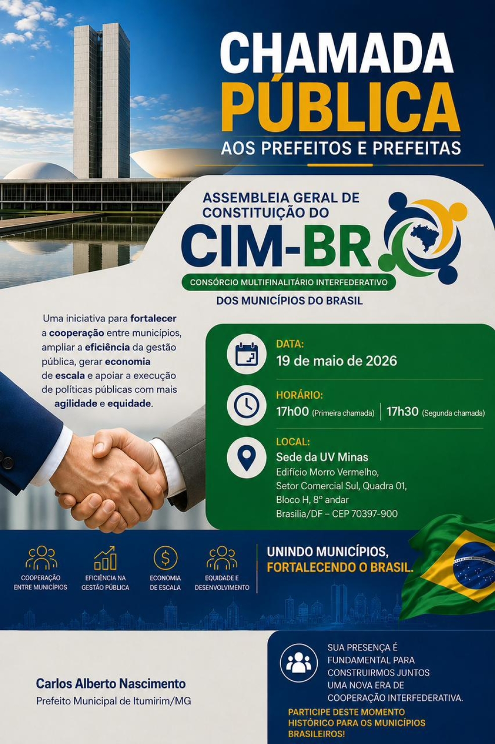 Chamada Pública vai reunir centenas de prefeitos em Brasília para a criação do CIM-BR, o novo Consórcio Interfederativo dos Municípios do Brasil 