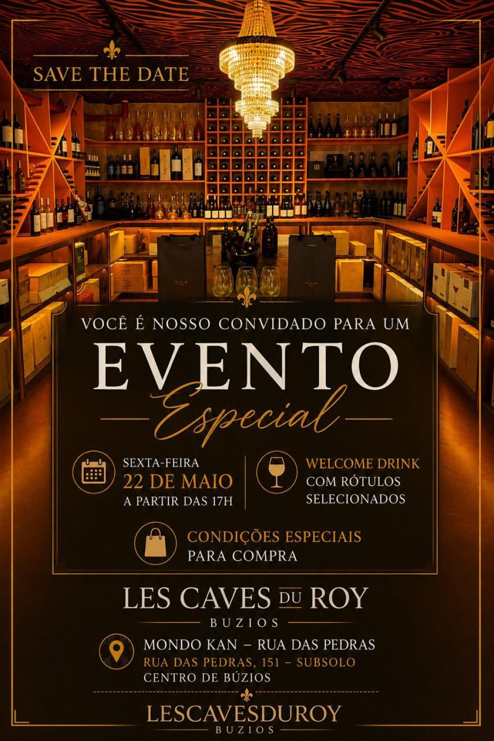 A Les Caves du Roy convida para um evento exclusivo, nesta sexta-feira (22), durante a Golden Hour, no cenário singular do MondoKhan,  em Búzios