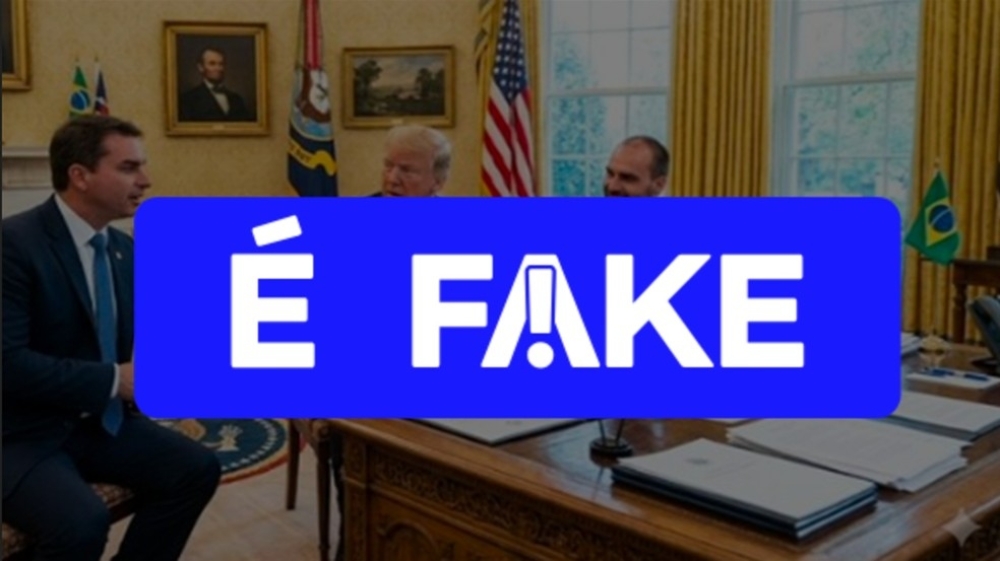 É #FAKE foto de Flávio Bolsonaro, Trump e Eduardo Bolsonaro sentados no Salão Oval da Casa Branca; imagem foi criada com IA