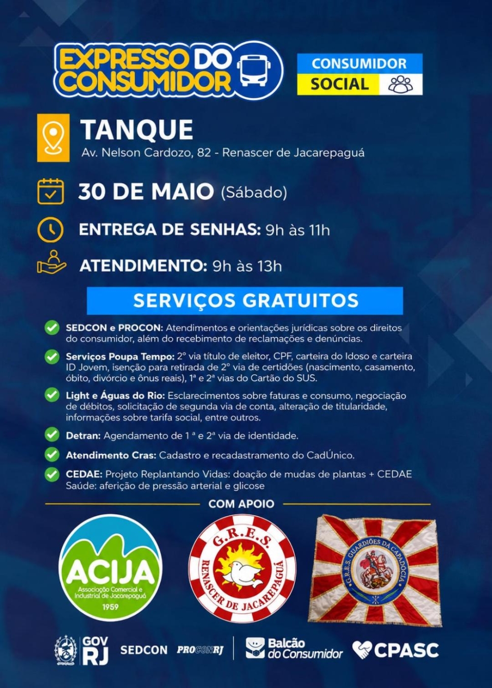 Ação Social ‘Expresso do Consumidor’ oferece serviços gratuitos em Jacarepaguá neste sábado (30)