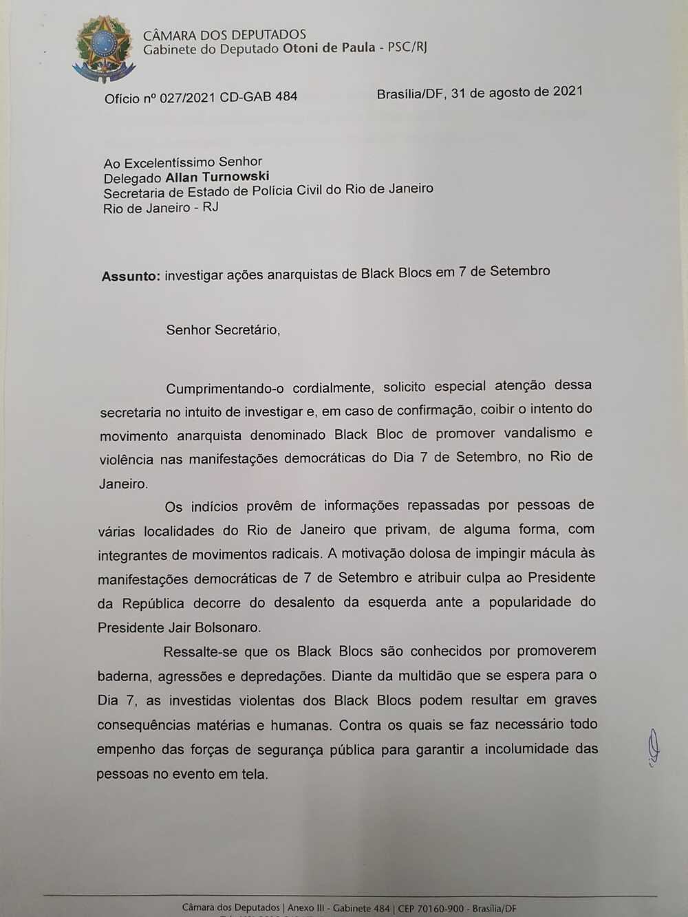 Dep. Otoni de Paula tem medo dos black blocs e pede PM e Polícia Civil do Rio reforço na segurança dia 7 de Setembro