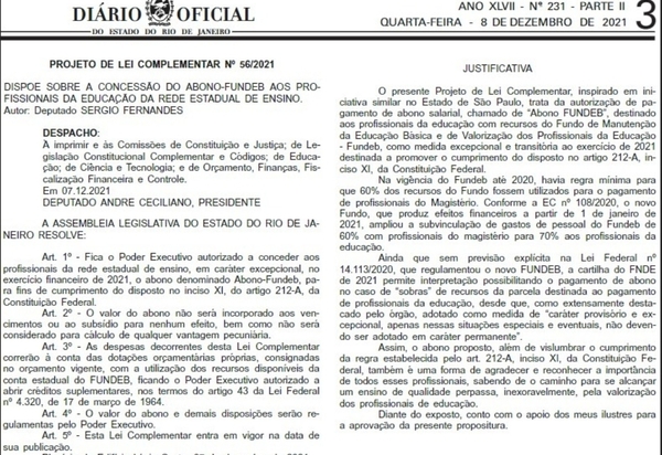 Projeto da Alerj concede Abono-Fundeb para professores do Rio