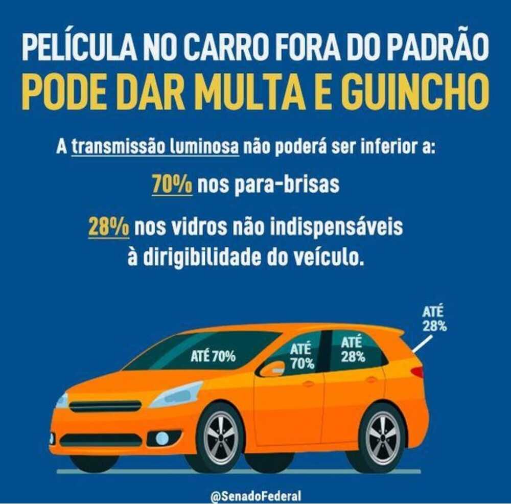 Senado Federal adverte que o uso de película irregular no carro pode dar multa e guincho. 